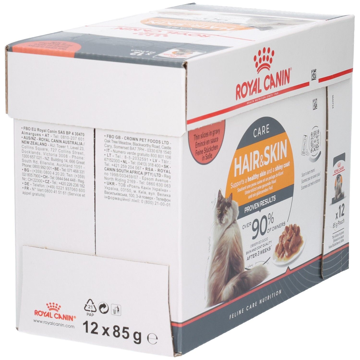 Rückseite der Royal Canin Hair & Skin Katzenfutter-Box mit Nährwertangaben.