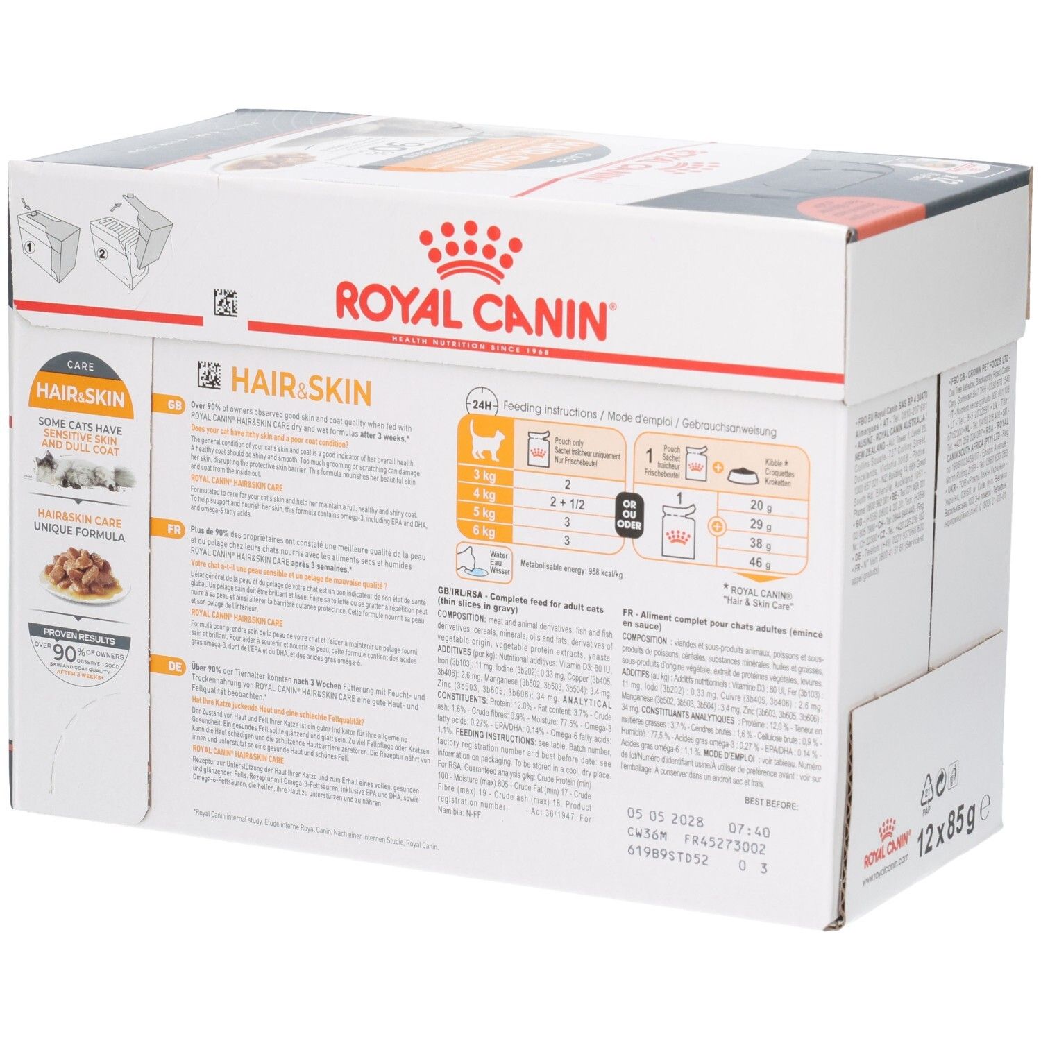 Seitenansicht der Royal Canin Hair & Skin Katzenfutter-Box mit Fütterungshinweisen.
