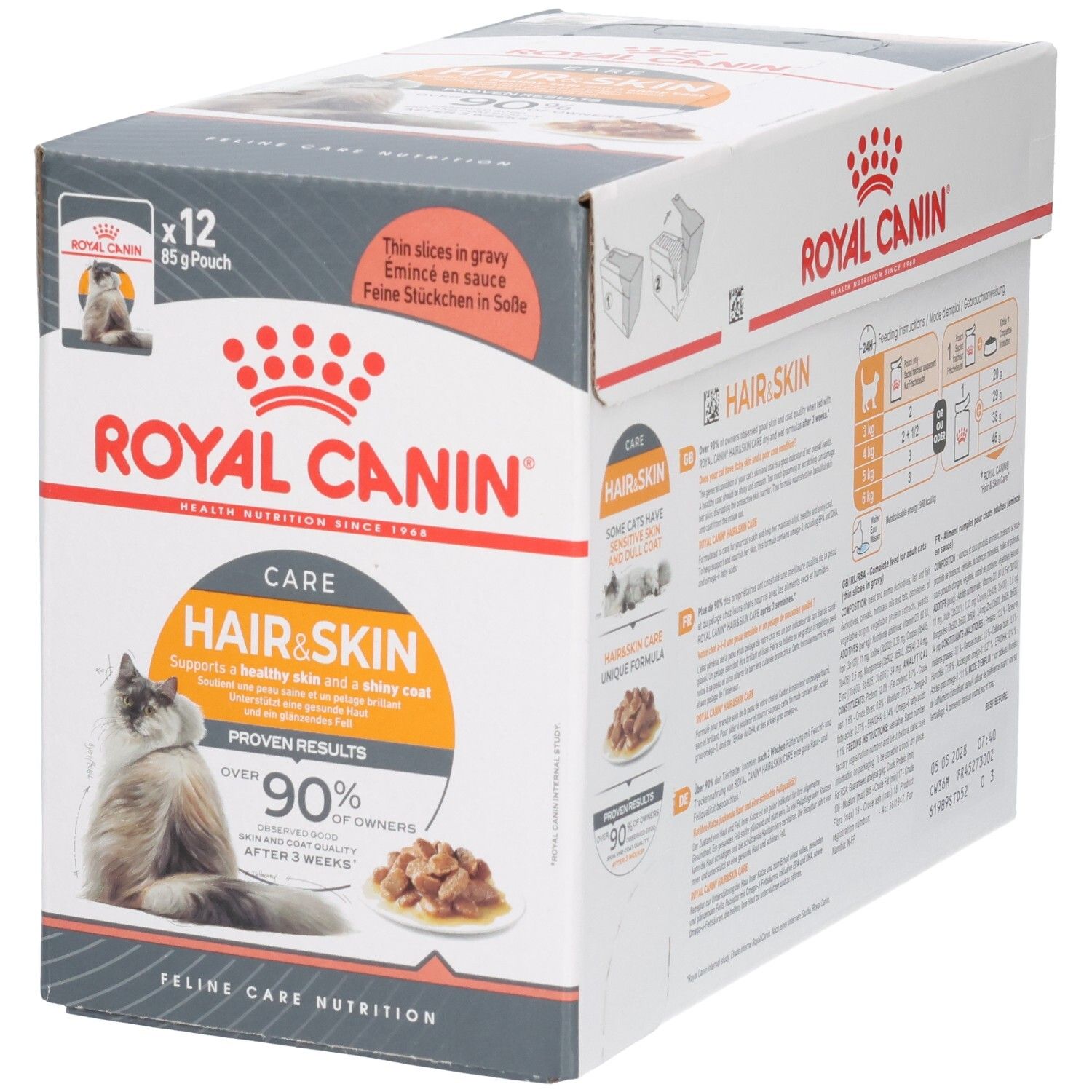 Vorderseite der Royal Canin Hair & Skin Katzenfutter-Box mit Katzenbild und Produktmerkmalen.