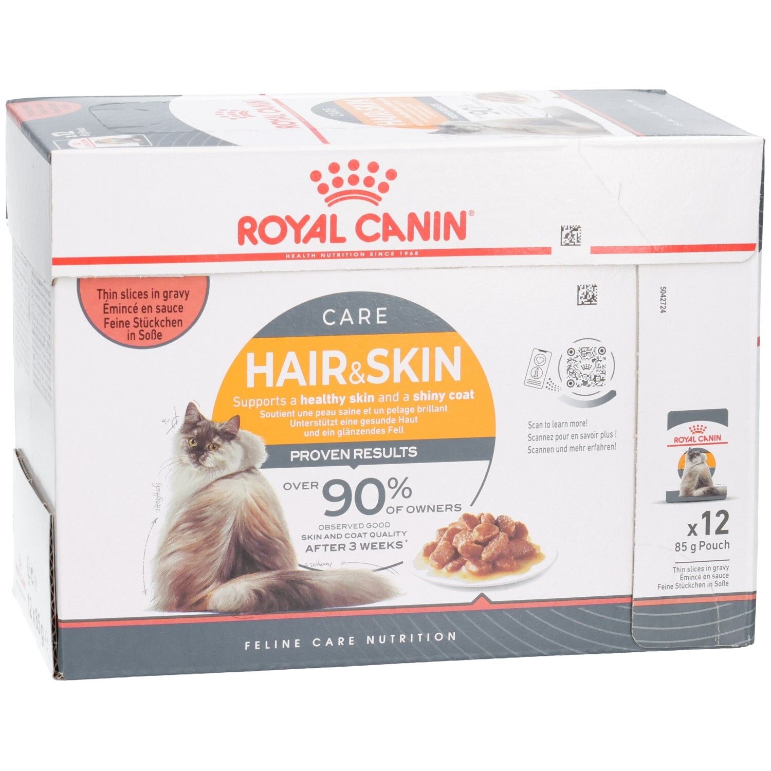 Detailansicht der Royal Canin Hair & Skin Katzenfutter-Box, Vorderseite.
