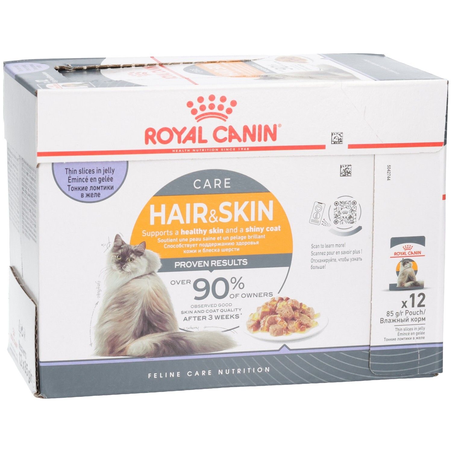 Royal Canin Hair & Skin Katzenfutter-Box, 12x85g Beutel. Zeigt eine Katze, eine Schale Futter und Produktvorteile.