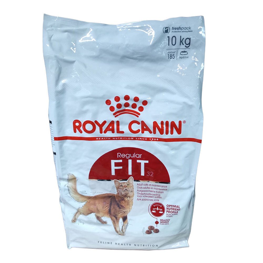 Royal Canin Fit 32 Katzenfutter, 10 kg Beutel mit Bild einer Katze und Produktinformationen.