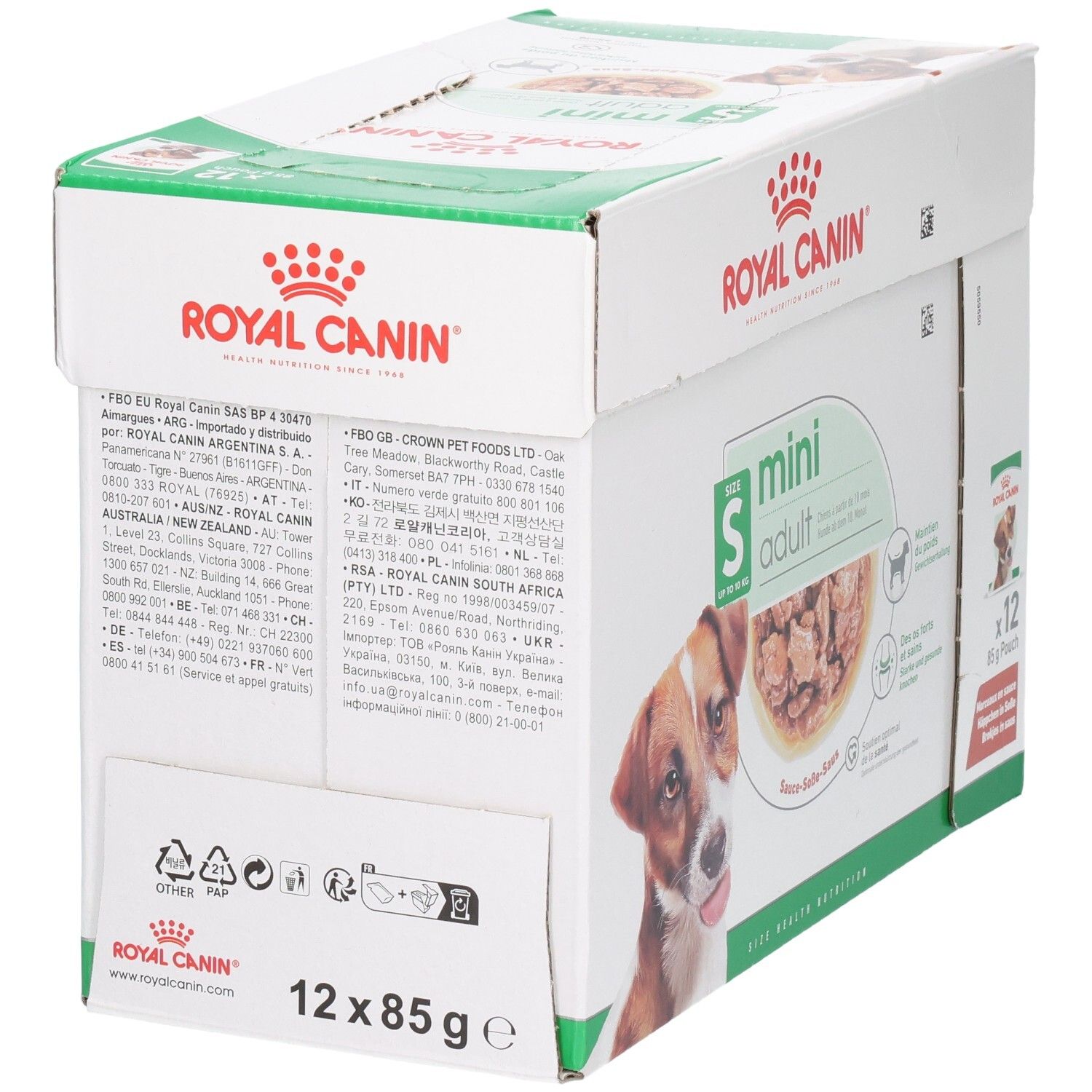 Royal Canin Mini Adult Nassfutter Karton, Rückseite mit Produktinformationen und Dosierung.