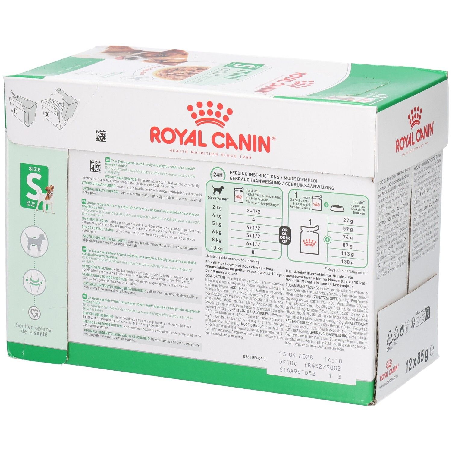 Royal Canin Mini Adult Nassfutter Karton, Seitenansicht mit Fütterungsempfehlungen.