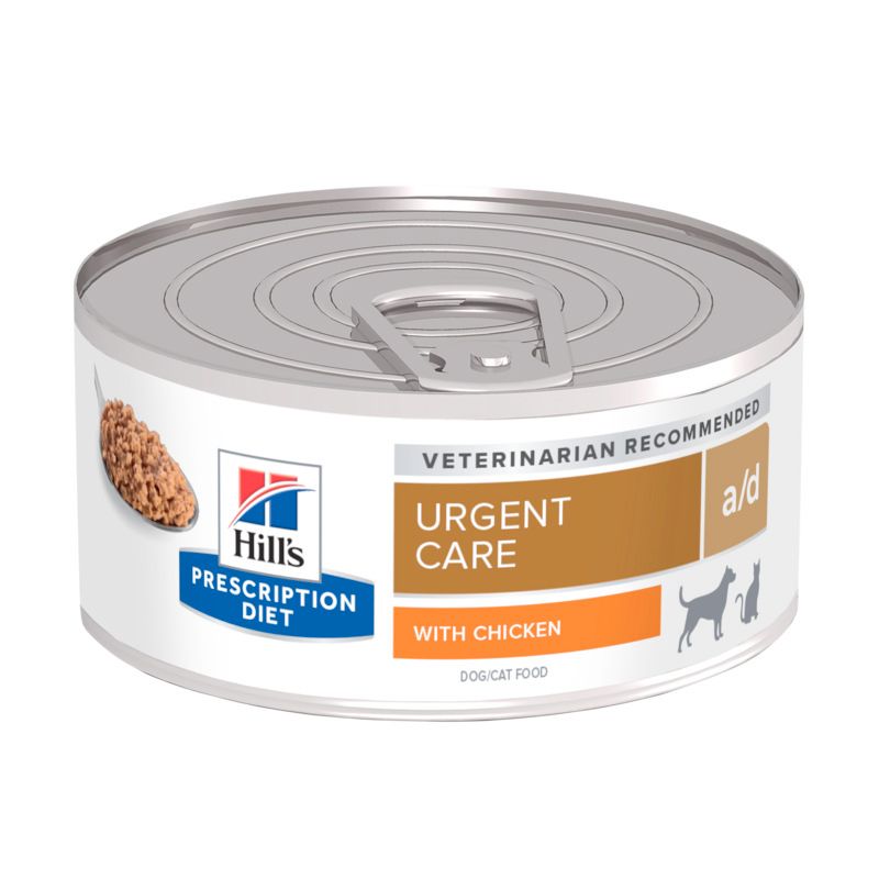 Dose Hill's Prescription Diet a/d, mit Aufreißlasche. Aufschrift: Urgent Care, mit Huhn. Empfohlen vom Tierarzt.