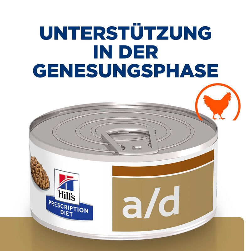 Dose Hill's Prescription Diet a/d. Text: Unterstützung in der Genesungsphase. Logo mit Huhn. Dose mit Aufreißlasche.