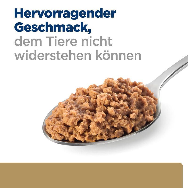 Löffel mit Futter. Text: Hervorragender Geschmack, dem Tiere nicht widerstehen können. Braune Masse.