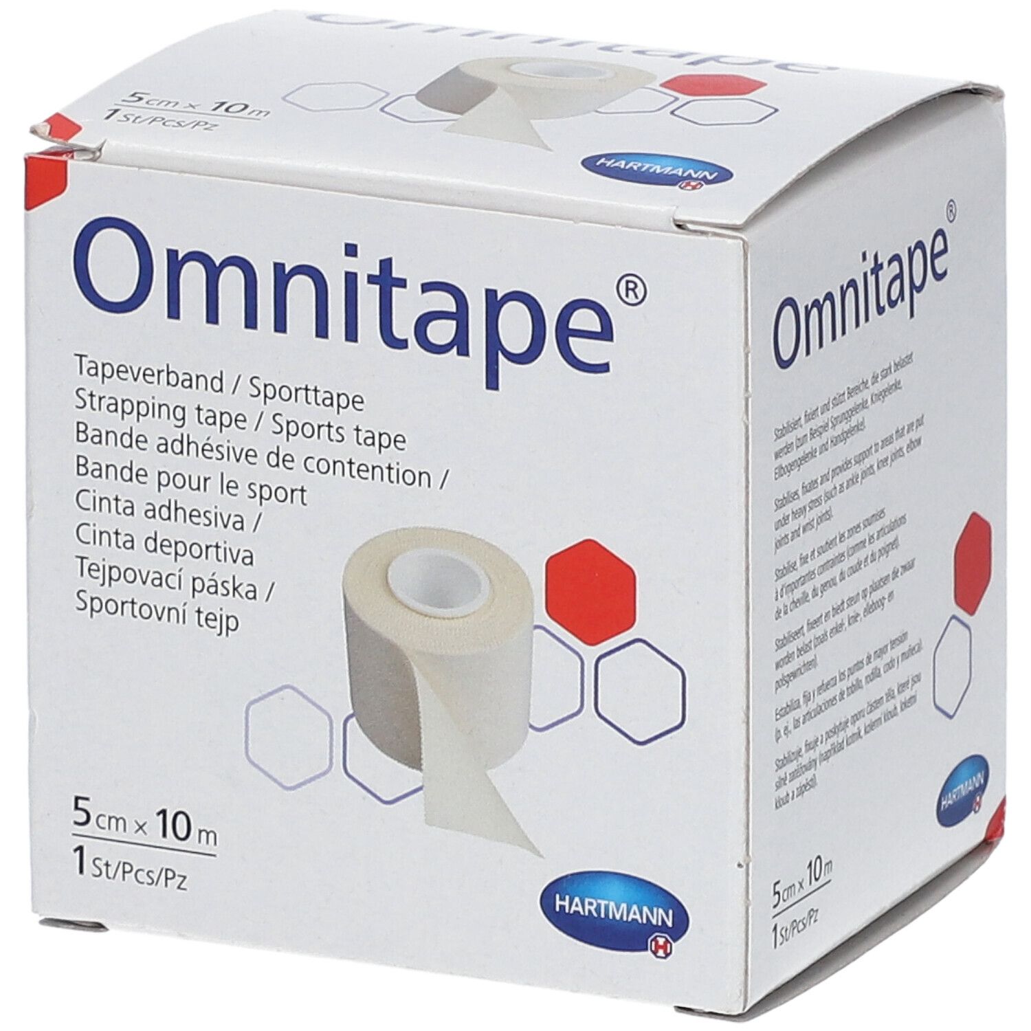 Omnitape® Tapeverband-Box. Enthält eine Rolle Tapeverband. Aufdrucke: 5 cm x 10 m, Hartmann-Logo.