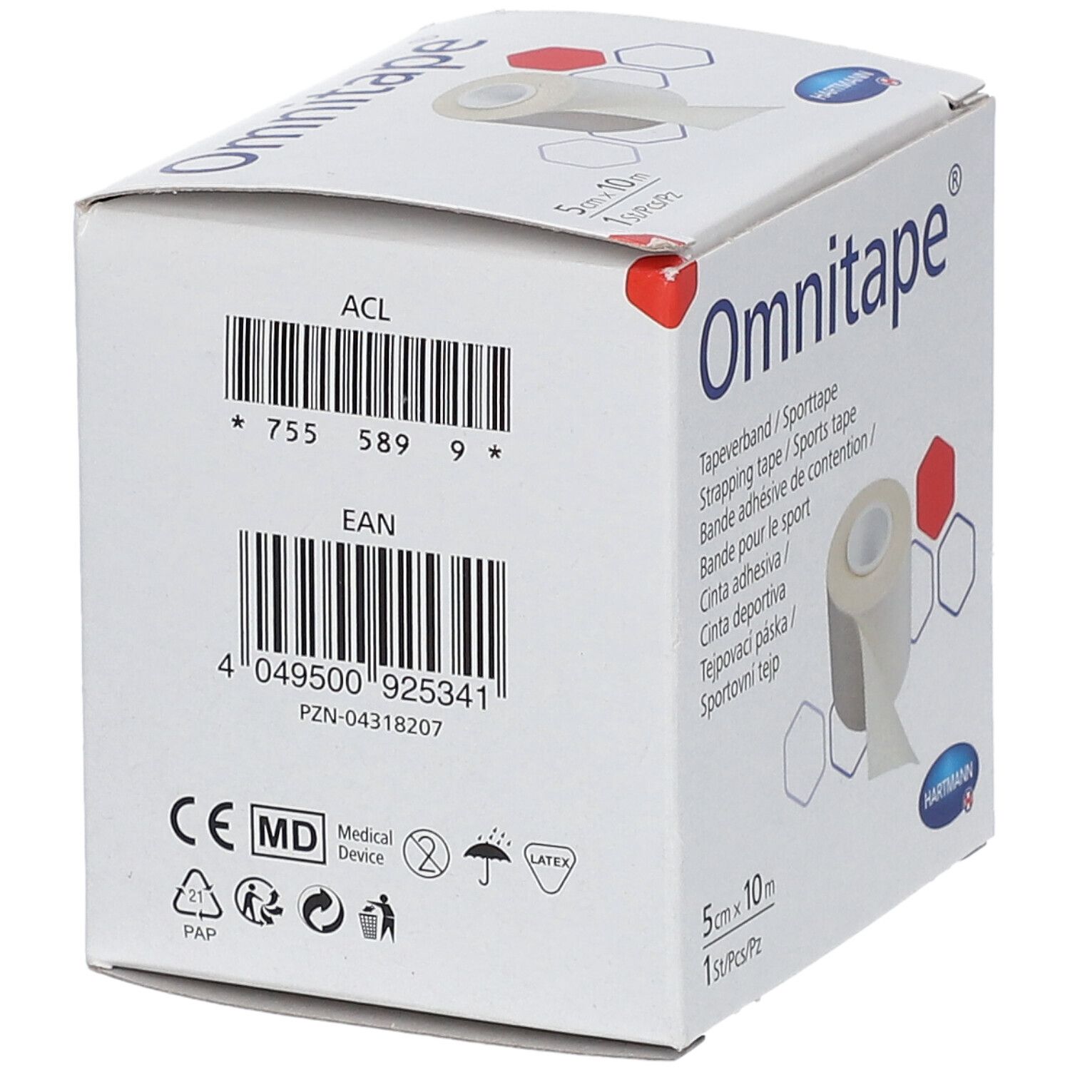 Box Omnitape® Tapeverband. Rückseite mit Barcode, EAN-Code und PZN-Nummer. Aufdrucke: 5 cm x 10 m, CE-Kennzeichnung.