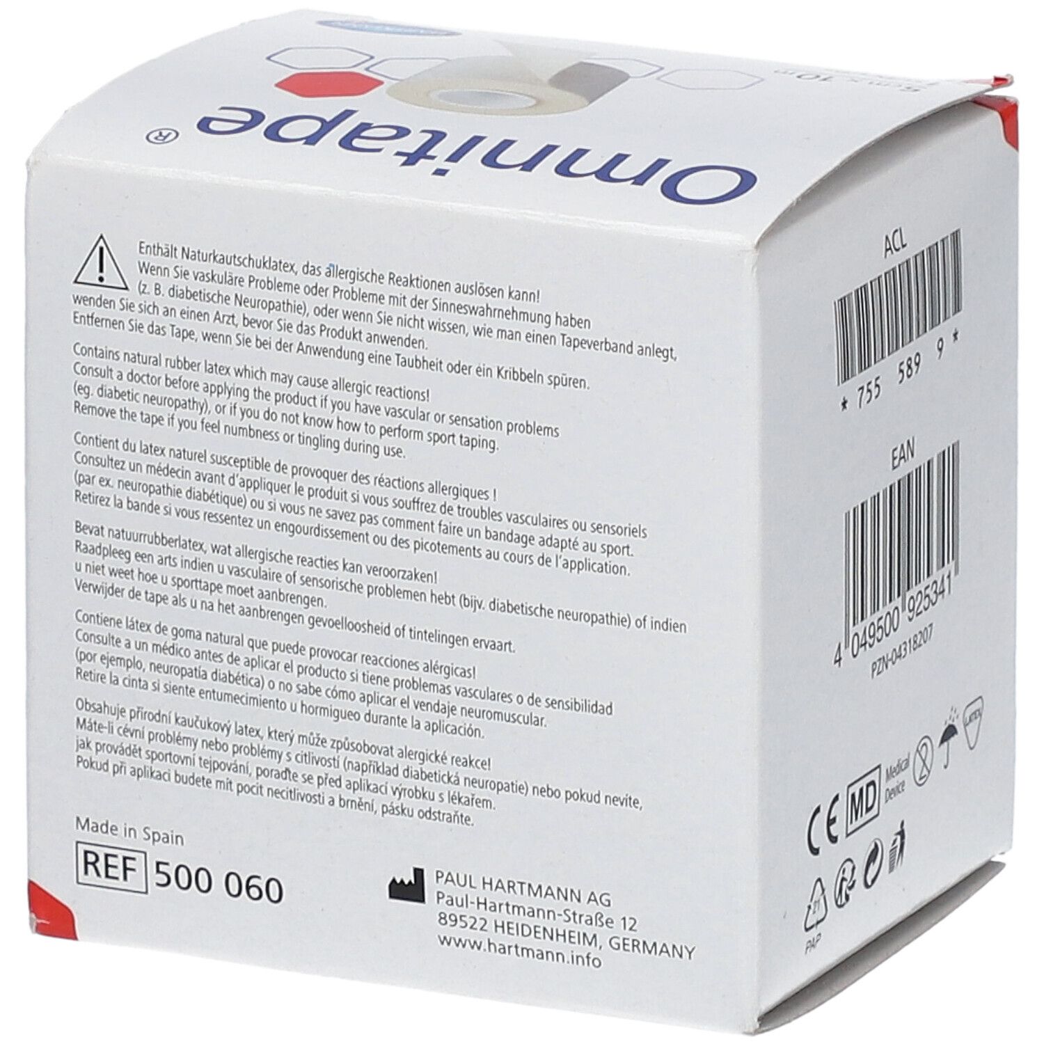 Box Omnitape® Tapeverband. Text über mögliche allergische Reaktionen. Aufdrucke: Made in Spain, REF 500 060.