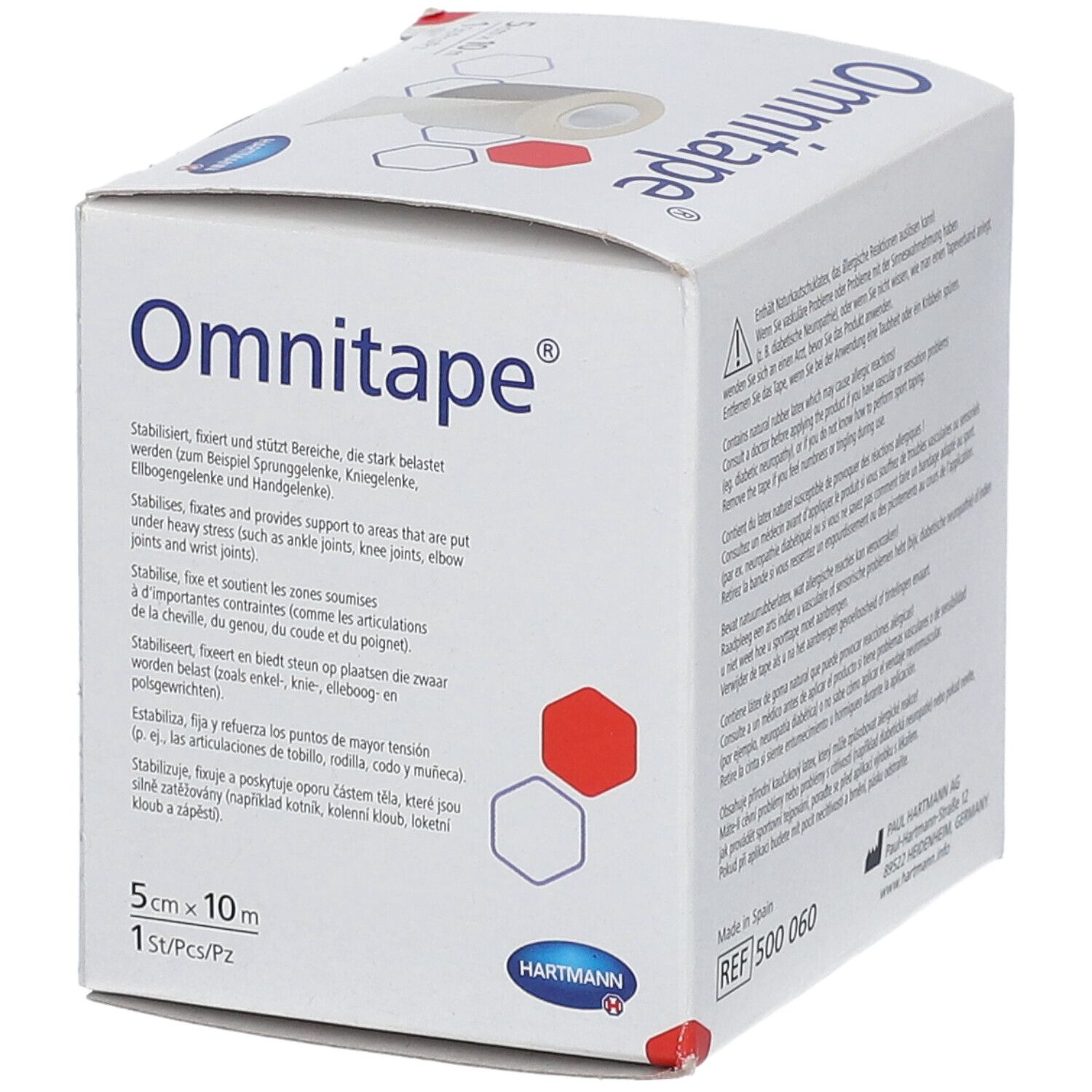Box Omnitape® Tapeverband. Text über die Unterstützung von Gelenken. Aufdrucke: 5 cm x 10 m, Hartmann-Logo.