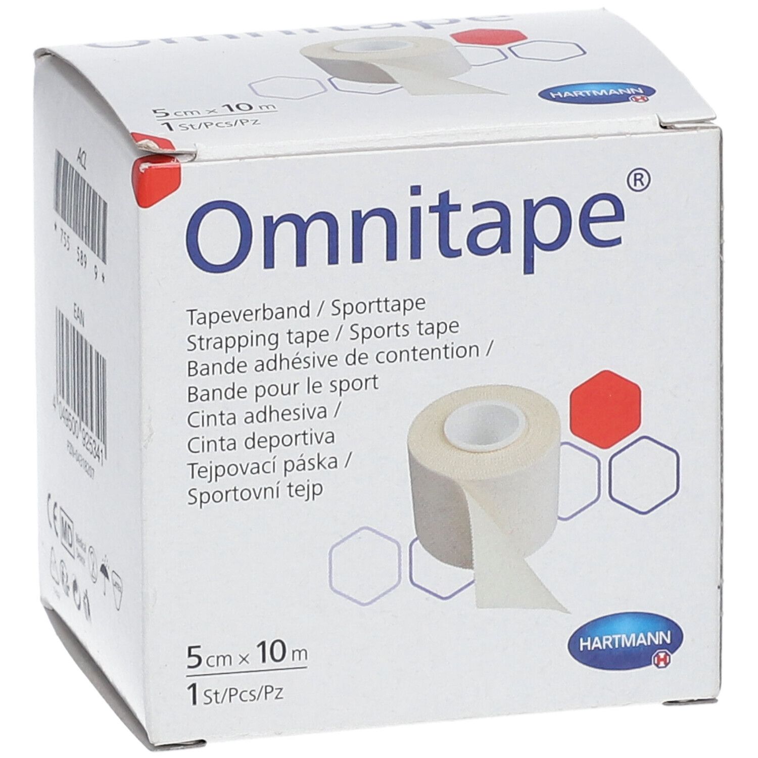 Box Omnitape® Tapeverband. Enthält eine Rolle Tapeverband. Aufdrucke: 5 cm x 10 m, Hartmann-Logo.