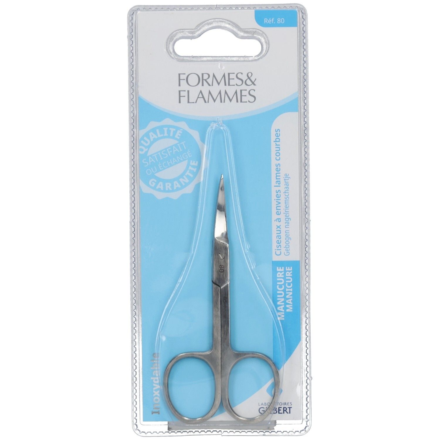 Nagelschere in Blisterverpackung. Marke Formes & Flammes. Edelstahl. Qualité Garantie-Siegel. Text: Inox. Abgerundete Klingen.