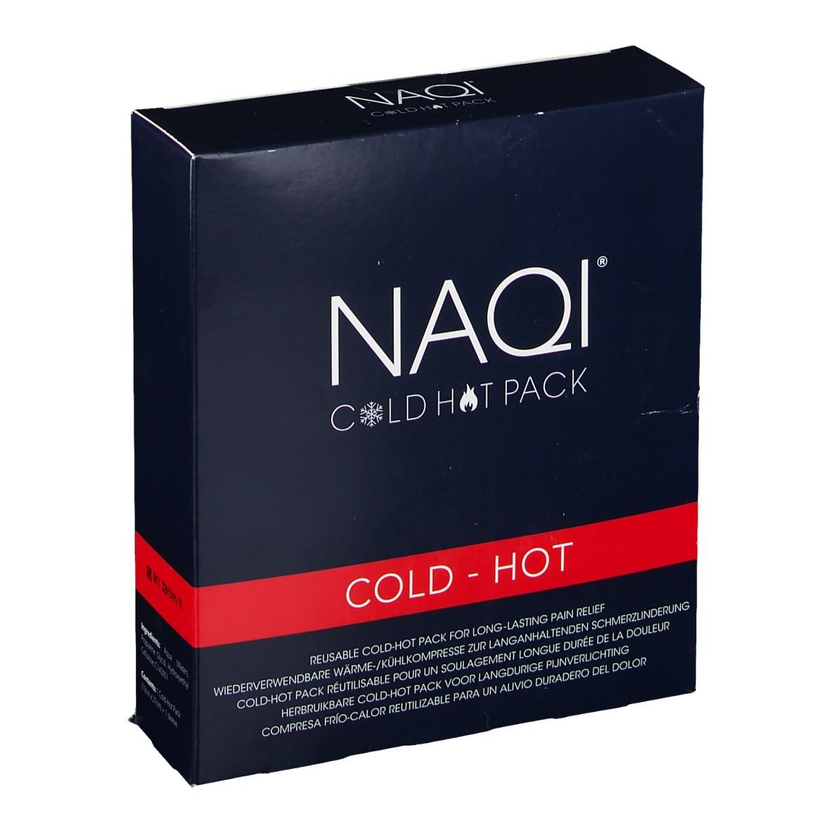 Dunkelblaue Schachtel mit weißem "NAQI COLD HOT PACK"-Logo. Roter Streifen mit Text "COLD - HOT".