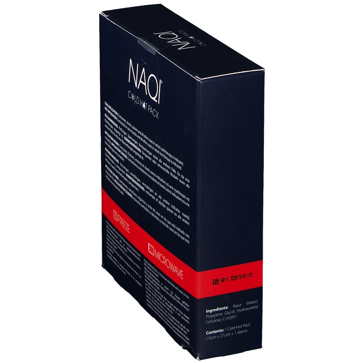 Dunkelblaue Schachtel mit weißem "NAQI COLD HOT PACK"-Logo. Text: "MICROWAVE".