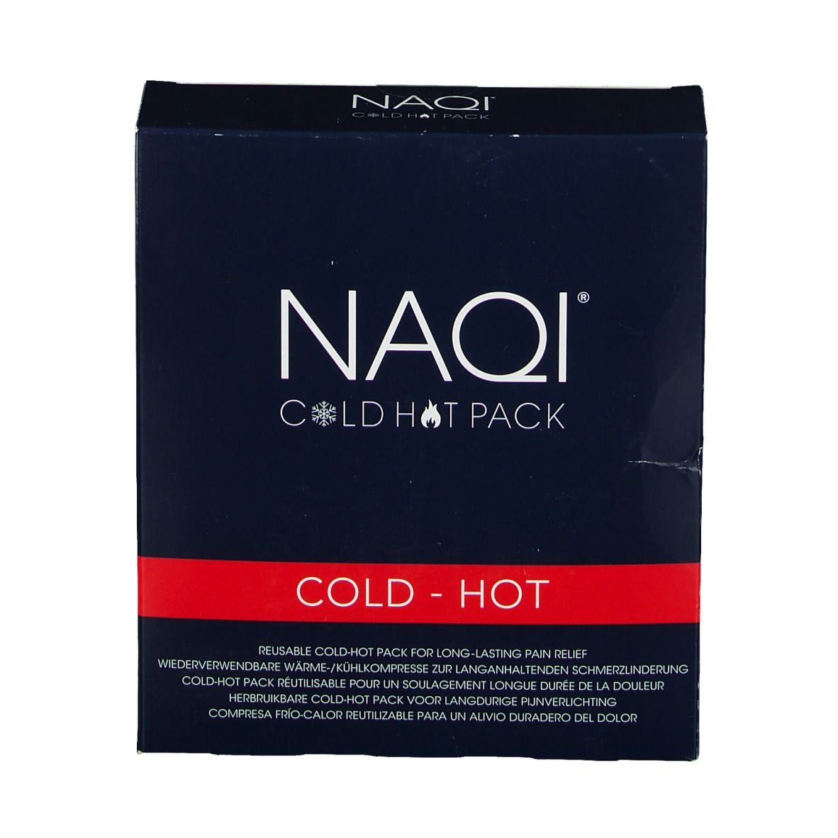 Dunkelblaue Schachtel mit weißem "NAQI COLD HOT PACK"-Logo. Roter Streifen mit Text "COLD - HOT".