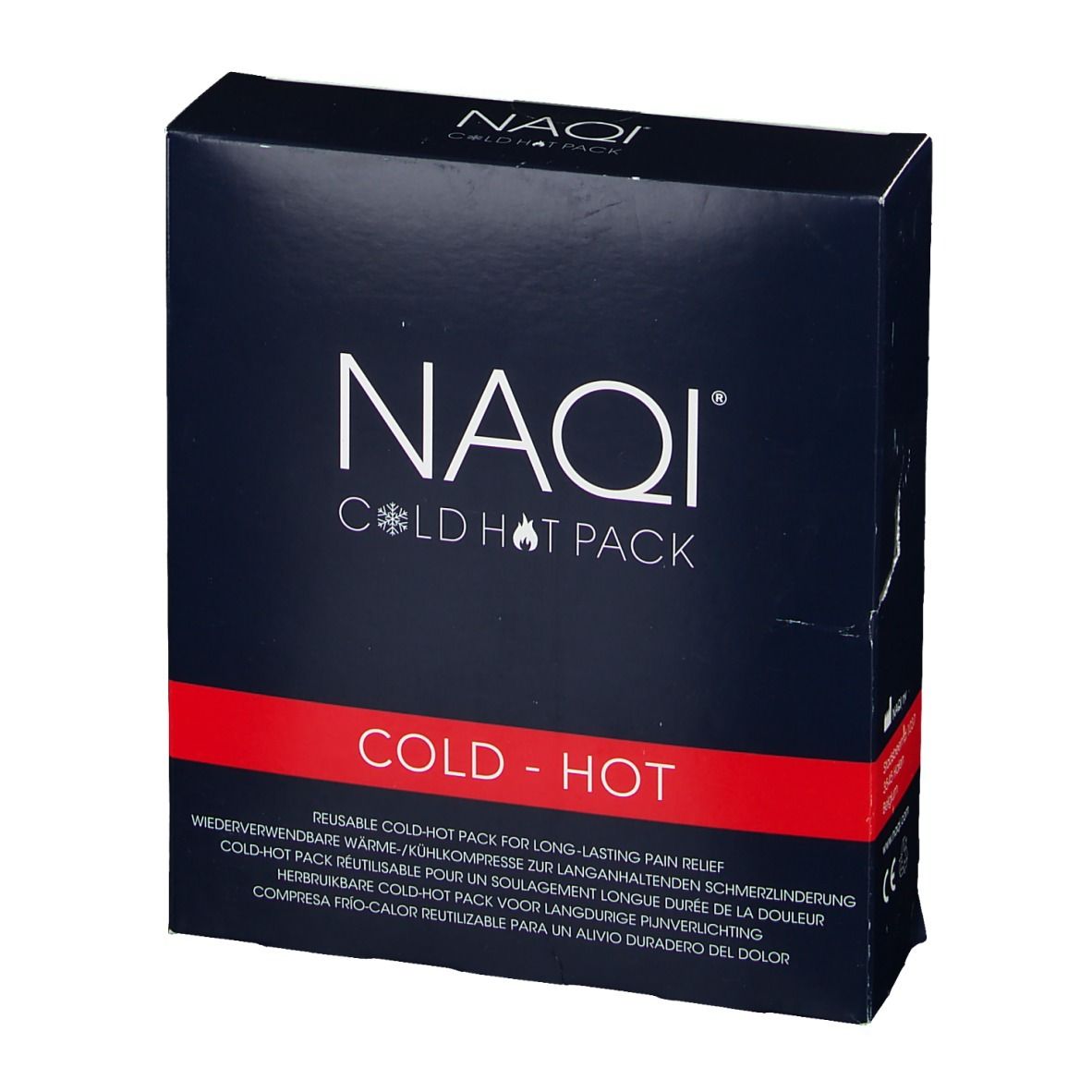 Dunkelblaue Schachtel mit weißem "NAQI COLD HOT PACK"-Logo. Roter Streifen mit Text "COLD - HOT".