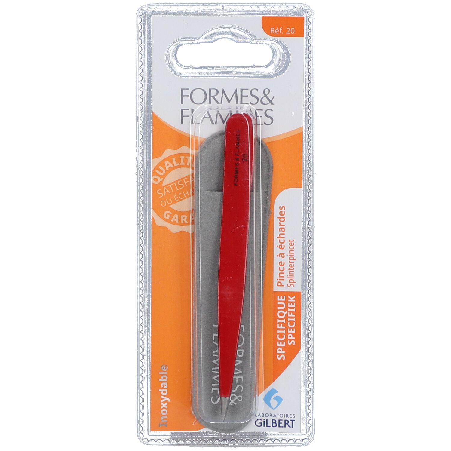 Splitterpinzette in Blisterverpackung. Aufschrift: Formes & Flammes, Pince à échardes.