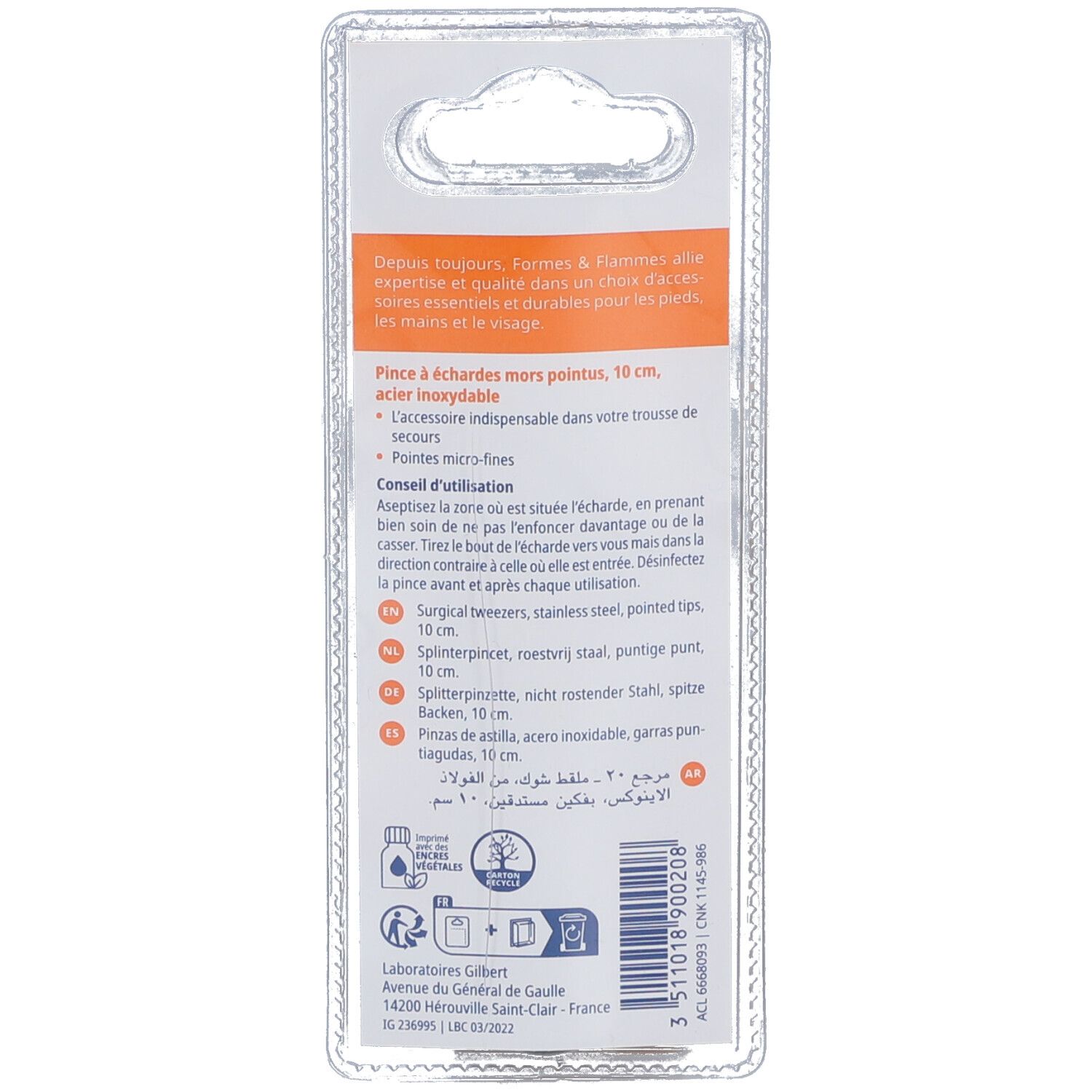 Rückseite der Blisterverpackung. Text: Pince à échardes, 10 cm, acier inoxydable.