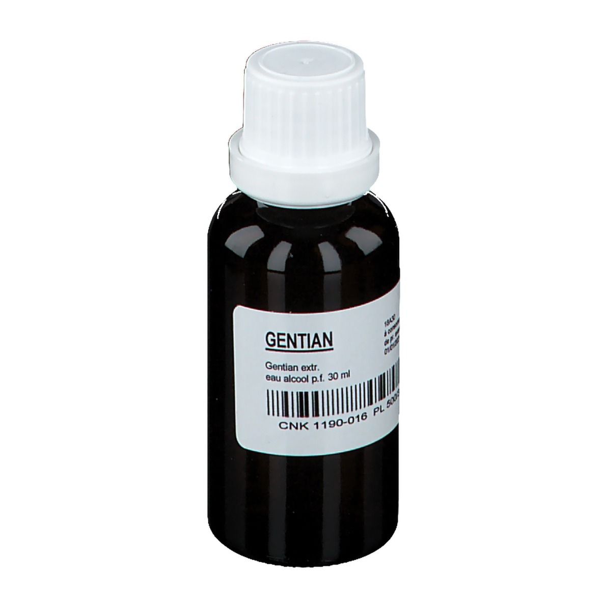Braune Glasflasche mit weißem Deckel und Etikett. Aufschrift: Gentian, eau alcool p.f. 30 ml. Barcode und CNK-Nummer.