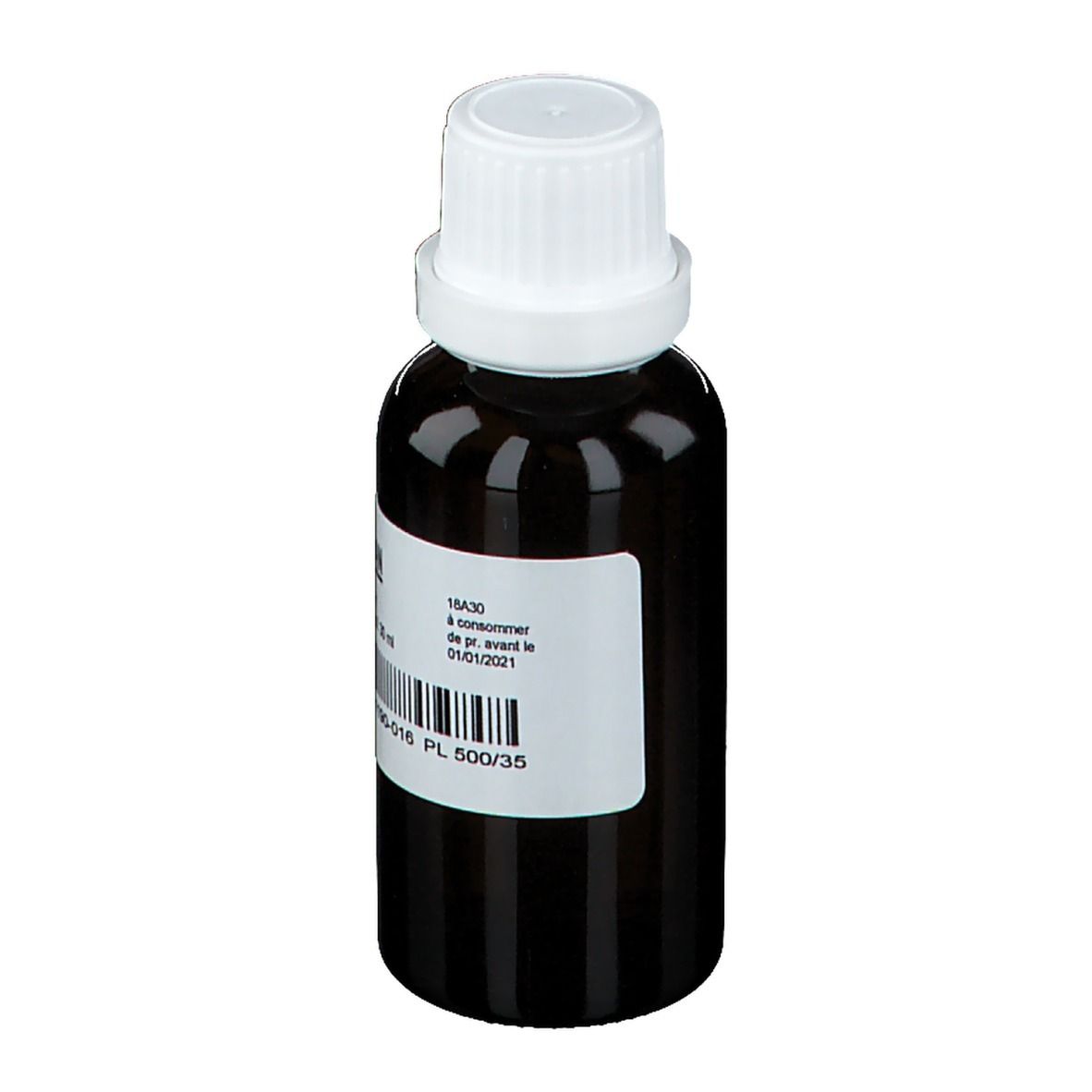 Braune Glasflasche mit weißem Deckel und Etikett. Aufschrift: Gentian, eau alcool p.f. 30 ml. Barcode, CNK-Nummer und Verfallsdatum.