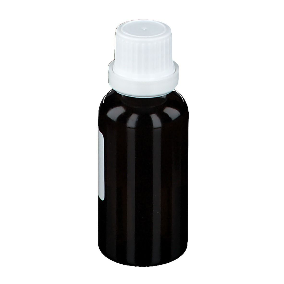 Braune Glasflasche mit weißem Deckel und Etikett. Etikett mit Barcode und CNK-Nummer. Flasche steht auf hellem Hintergrund.