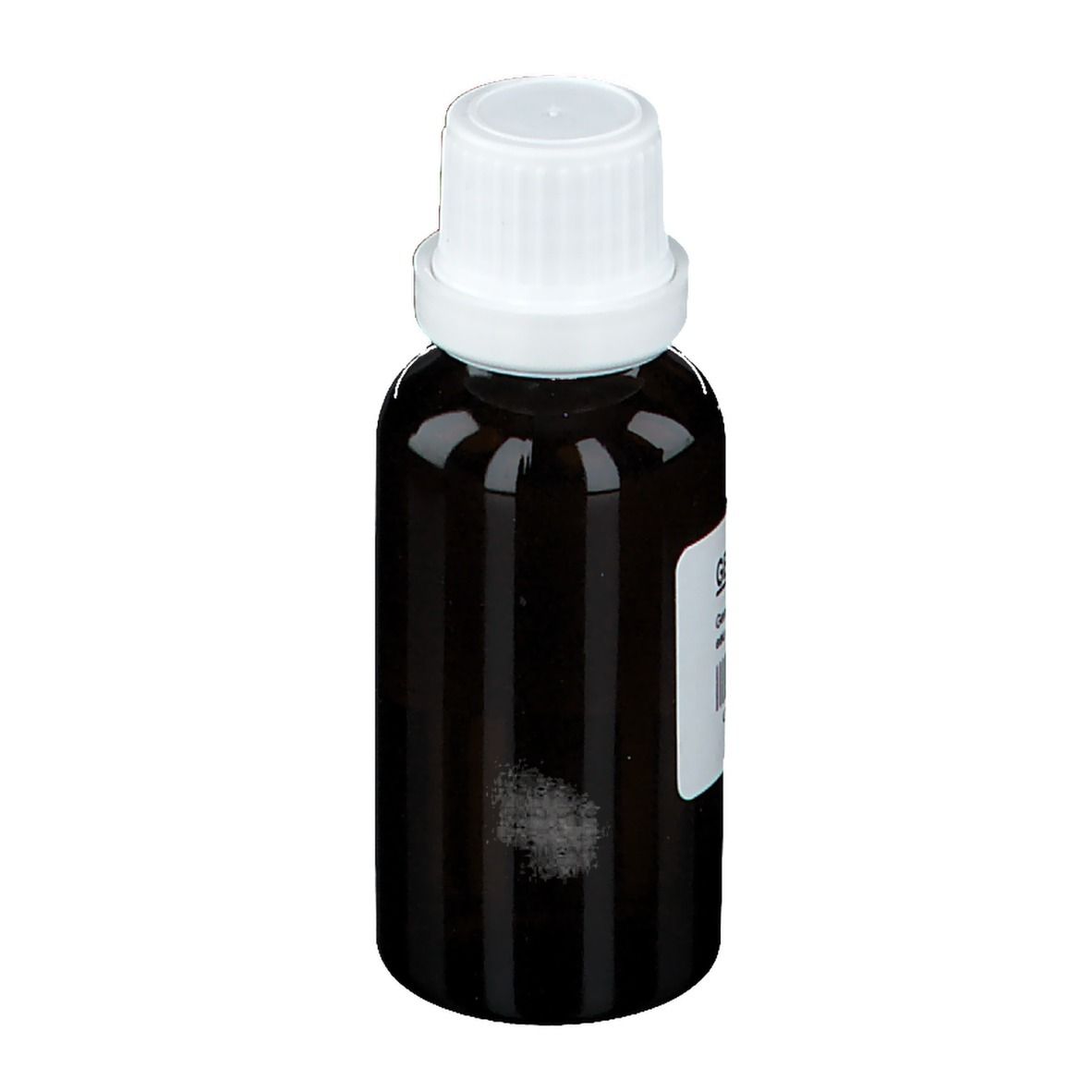 Braune Glasflasche mit weißem Deckel und Etikett. Etikett mit Barcode und CNK-Nummer. Flasche steht auf hellem Hintergrund.