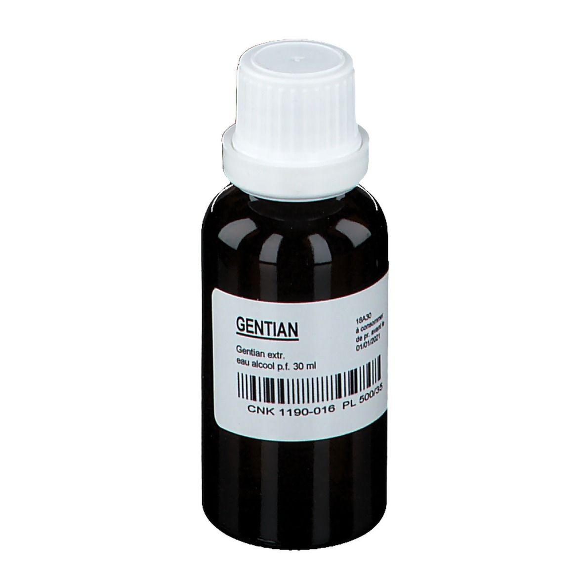 Braune Glasflasche mit weißem Deckel und Etikett. Aufschrift: Gentian, eau alcool p.f. 30 ml. Barcode, CNK-Nummer und Verfallsdatum.