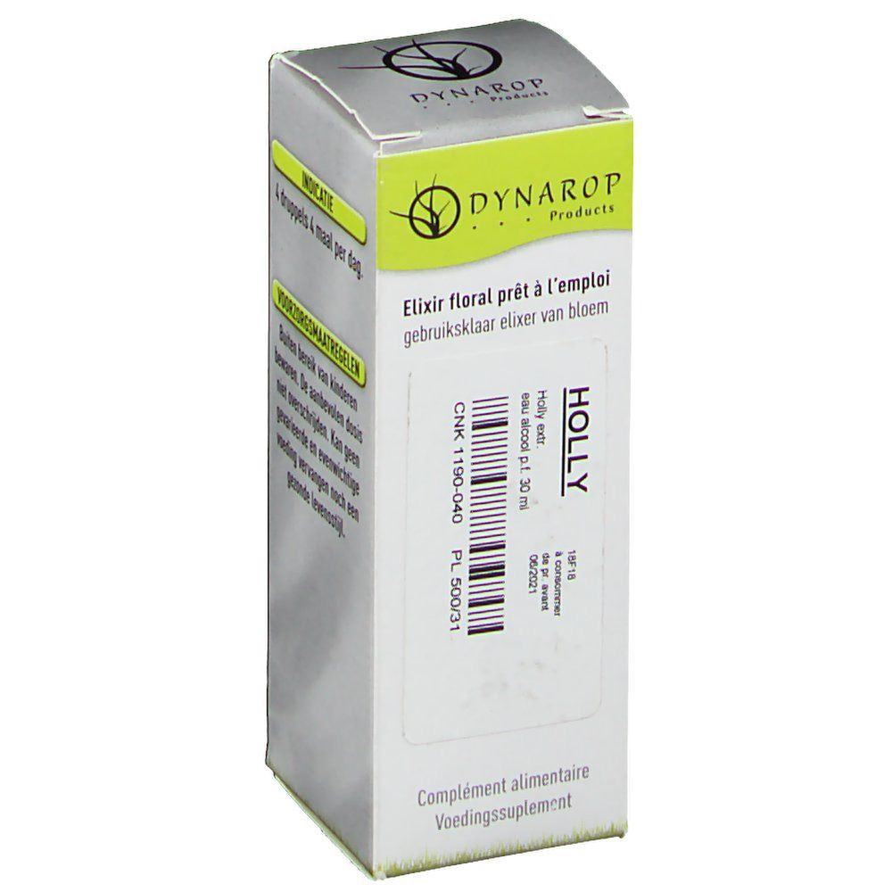 Kartonverpackung mit Produktinformationen. Aufschrift: DYNAROP, Elixir floral prêt à l'emploi, Holly. Enthält CNK-Code und Chargennummer.