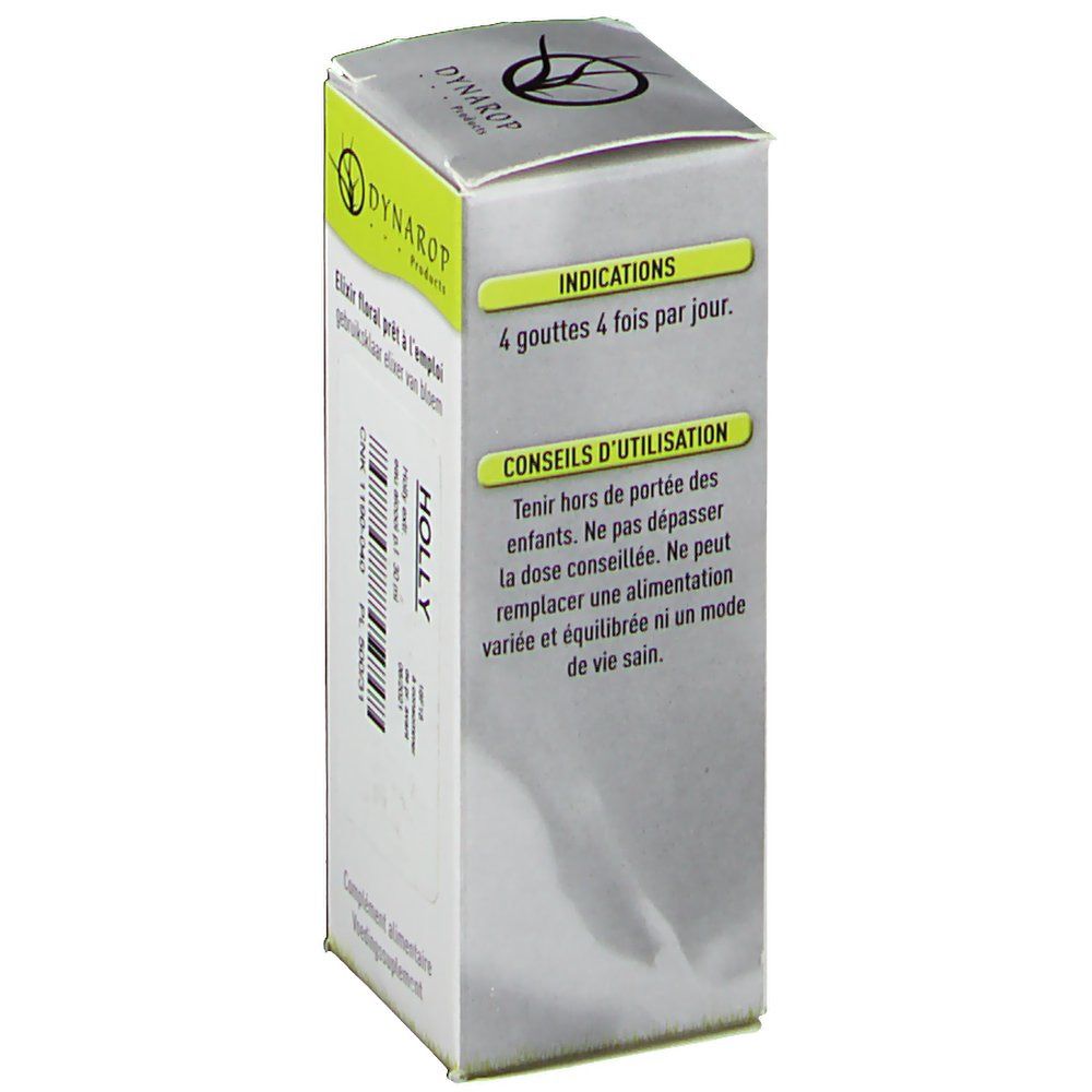 Kartonverpackung mit Produktinformationen. Aufschrift: DYNAROP. Enthält Hinweise zur Anwendung in Französisch. Holly-Produkt.