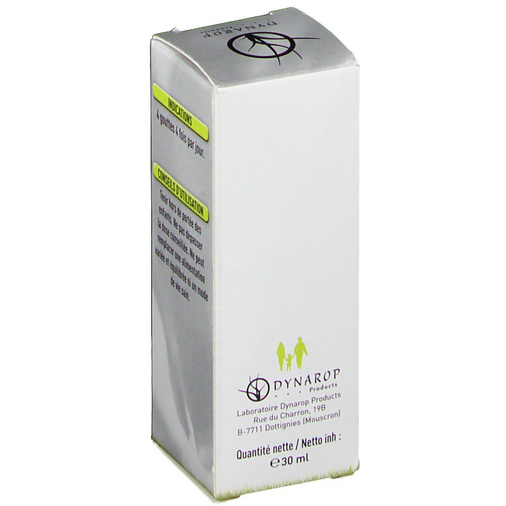 Kartonverpackung mit Produktinformationen. Aufschrift: DYNAROP. Enthält Informationen zur Nettomenge: 30 ml. Familienlogo.