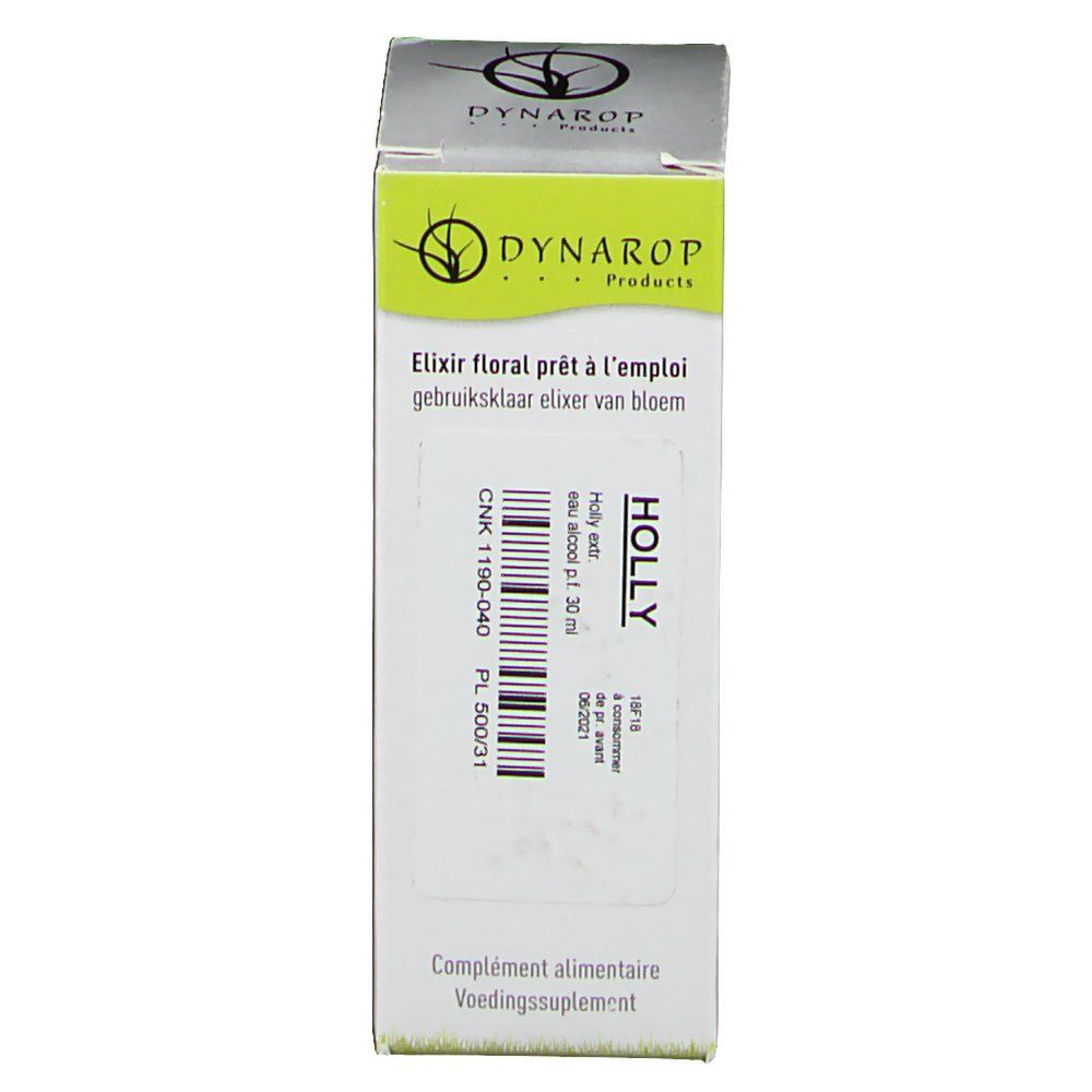 Kartonverpackung mit Produktinformationen. Aufschrift: DYNAROP, Elixir floral prêt à l'emploi, Holly. Enthält CNK-Code und Chargennummer.