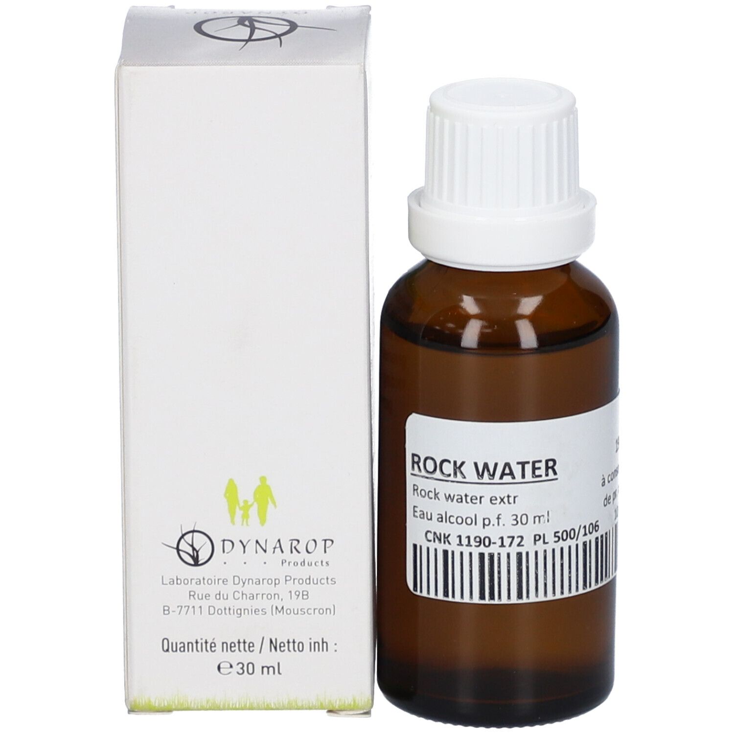 Braune Glasflasche mit weißem Verschluss und Etikett. Daneben eine weiße Schachtel mit Logo und Text. Produktname: Rock Water.