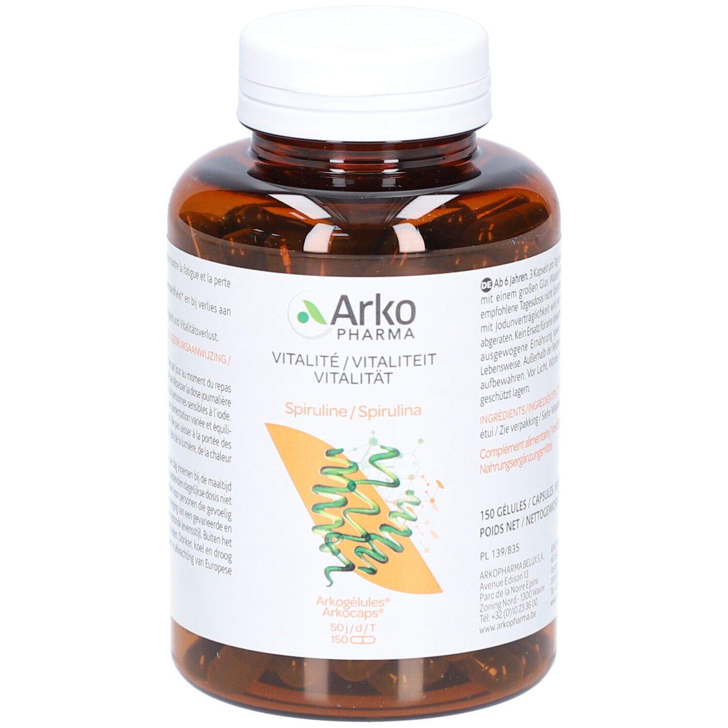 Braune Flasche mit weißen Deckel. Aufkleber mit Produktinformationen und Spirulina-Grafik. ArkoPharma Spiruline.