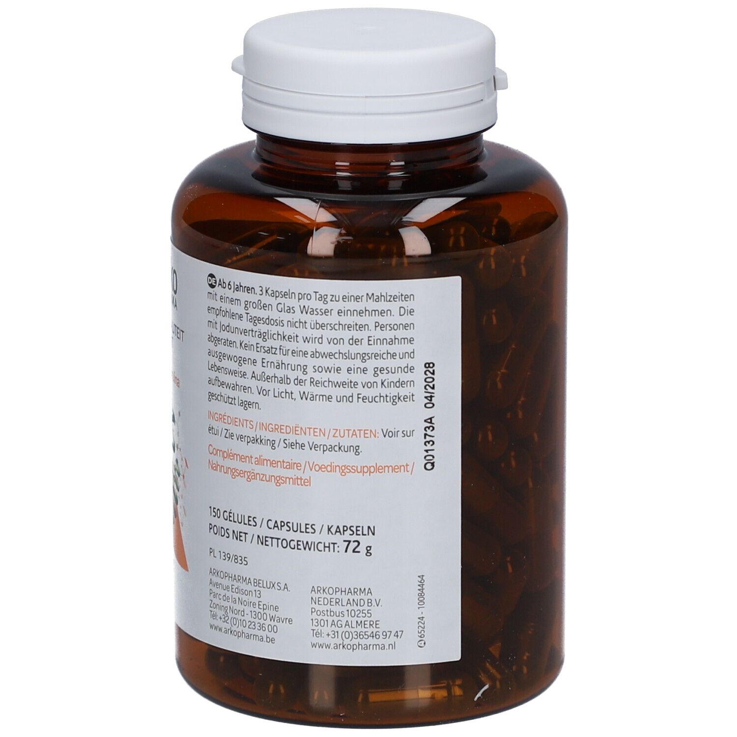 Rückseite einer braunen Flasche mit weißen Deckel. Textinformationen und Haltbarkeitsdatum. ArkoPharma Spiruline.