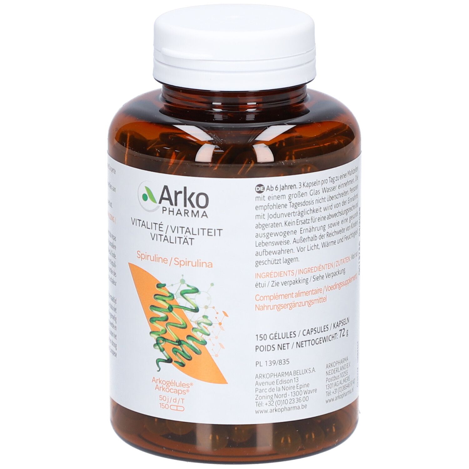 Braune Flasche mit weißen Deckel. Aufkleber mit Produktinformationen und Spirulina-Grafik. ArkoPharma Spiruline.