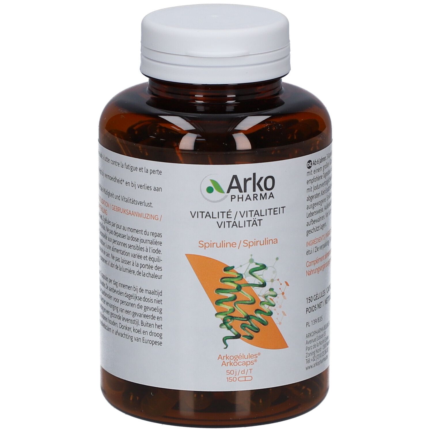 Braune Flasche mit weißen Deckel. Aufkleber mit Produktinformationen und Spirulina-Grafik. ArkoPharma Spiruline.