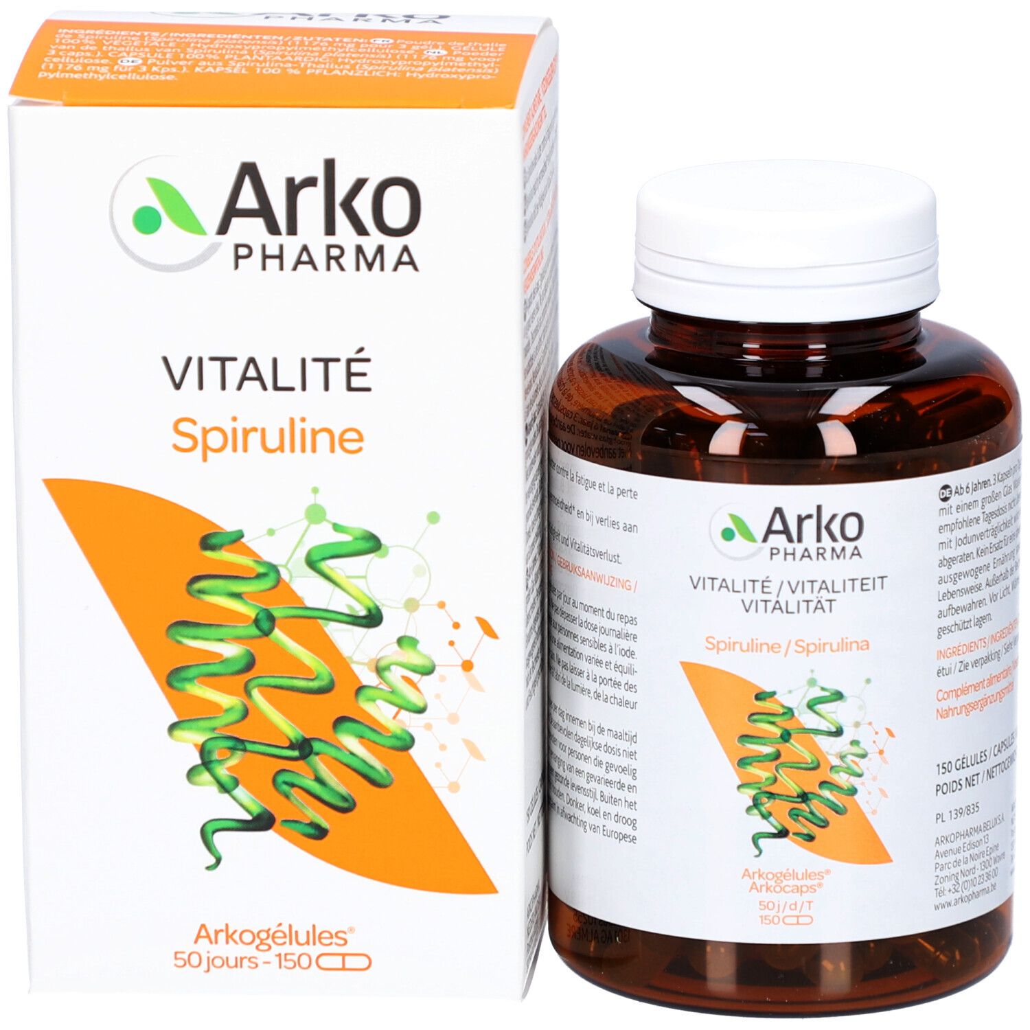 Produktflasche und Verpackung. Flasche mit weißen Deckel. Verpackung mit Produktnamen und Spirulina-Grafik. ArkoPharma Spiruline.