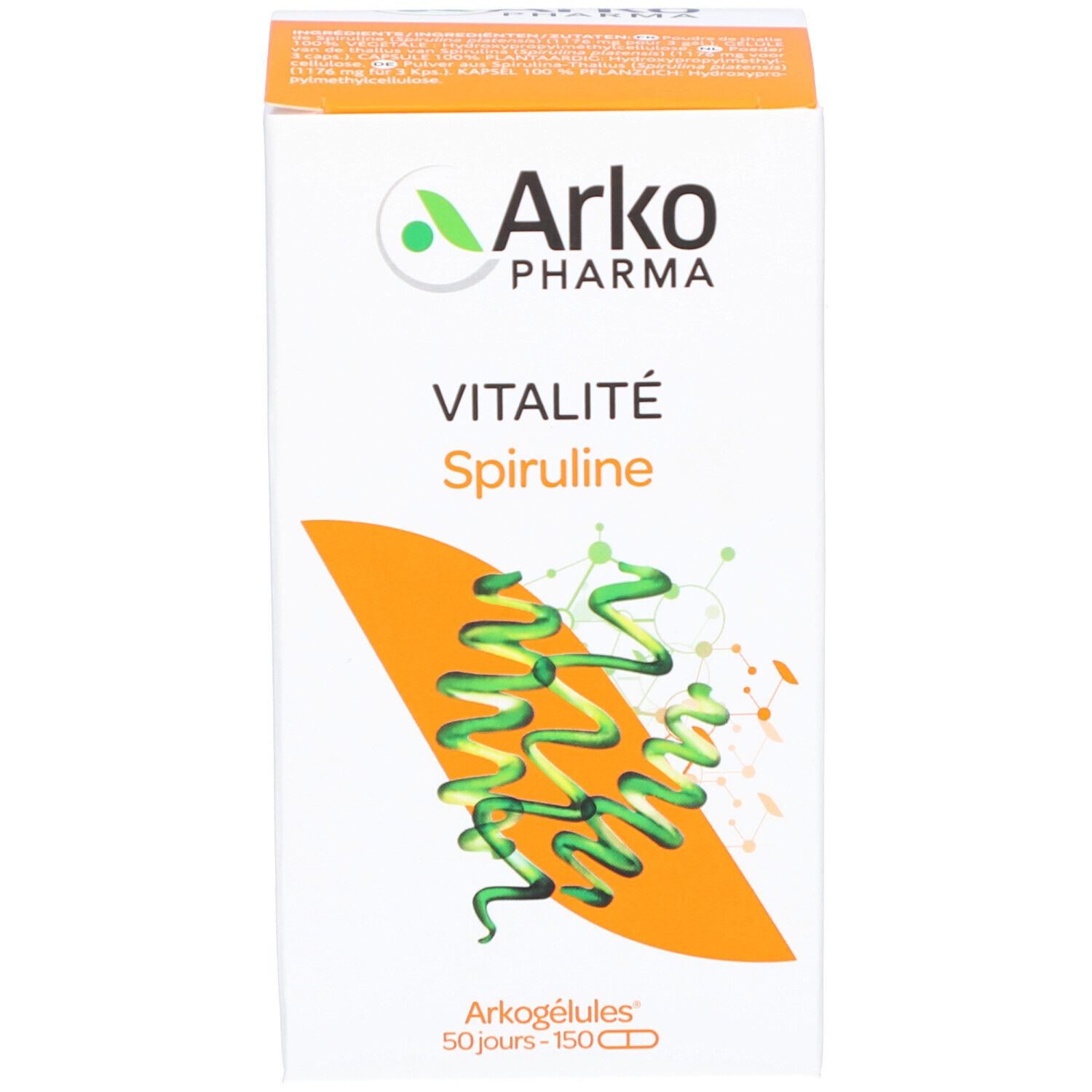 Verpackung mit Produktnamen und Spirulina-Grafik. ArkoPharma Spiruline.