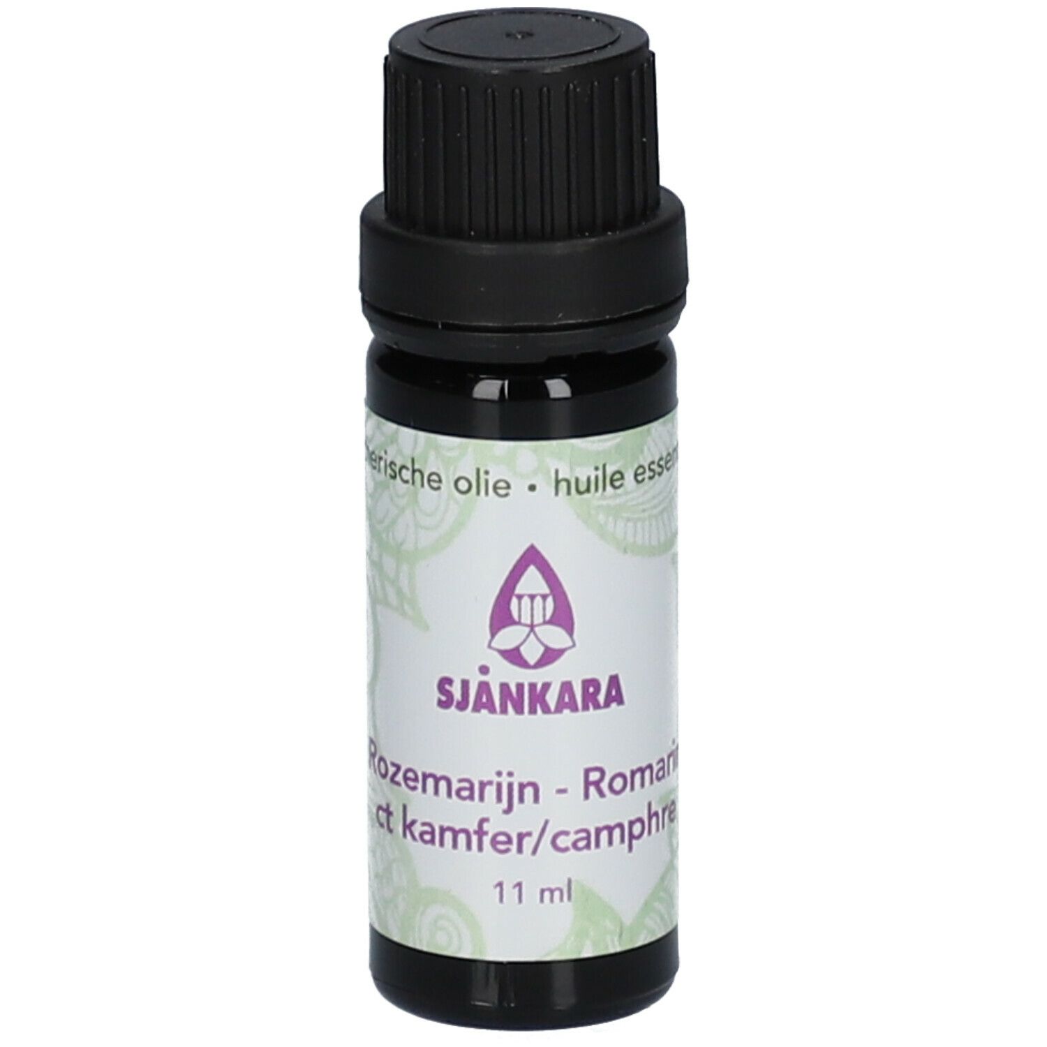 Braune Glasflasche mit schwarzem Deckel. Aufkleber mit Text: SJANKARA, Rosmarin, 11 ml.