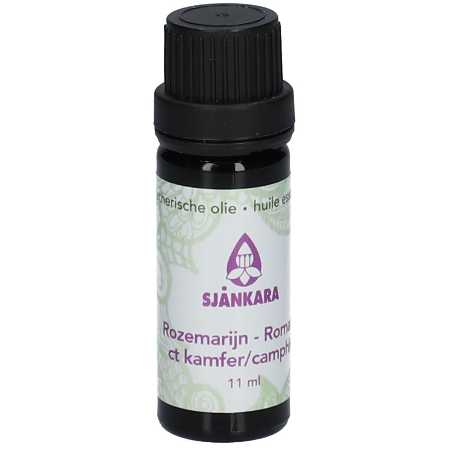 Braune Glasflasche mit schwarzem Deckel. Aufkleber mit Text: SJANKARA, Rosmarin, 11 ml.