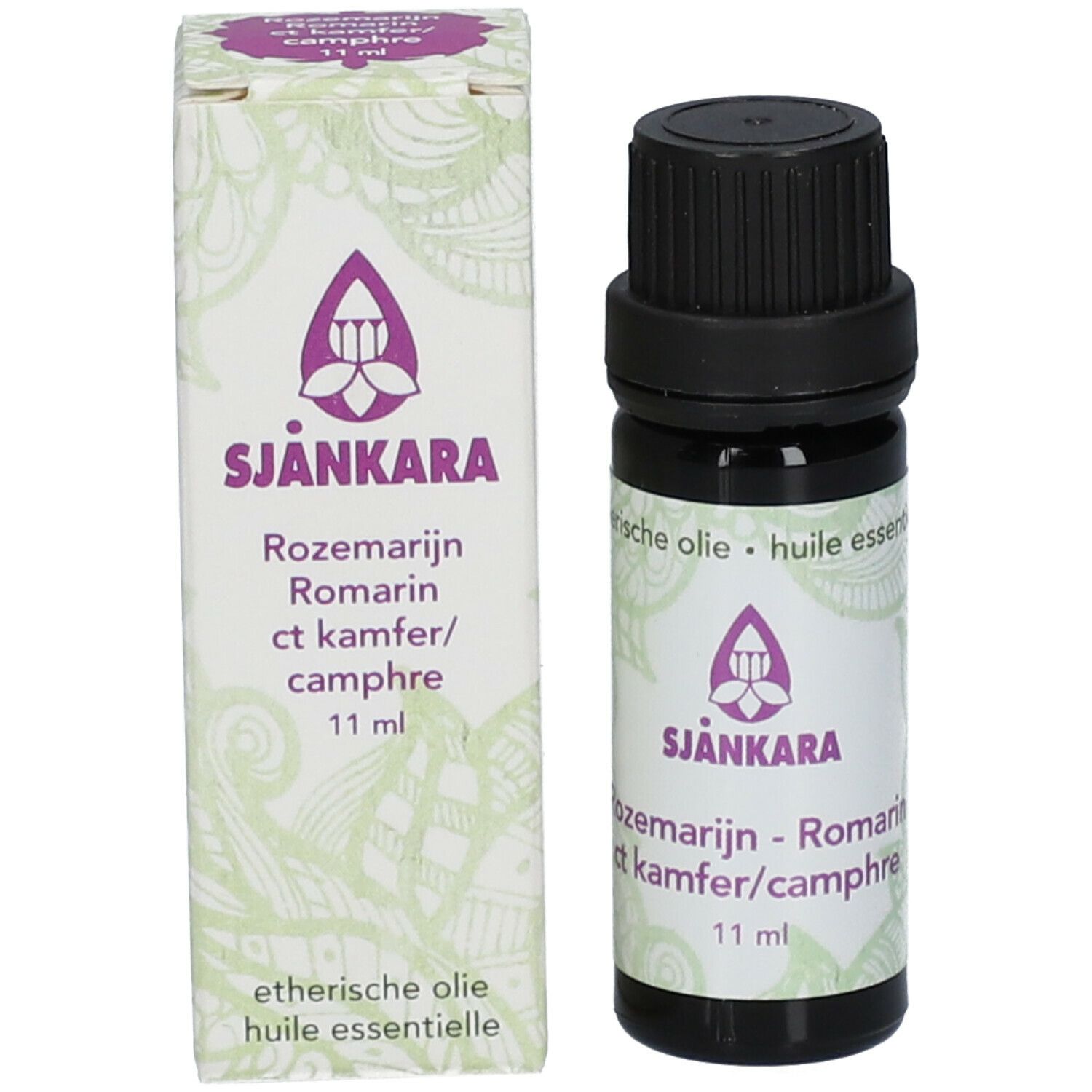 Braune Glasflasche und Verpackung. Verpackung mit Text: SJANKARA, Rosmarin, 11 ml.