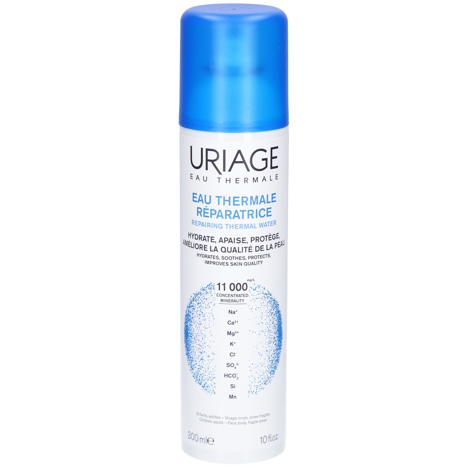 Uriage Eau Thermale Spray. Blaue Flasche mit blauem Sprühkopf. Text: Eau Thermale Réparatrice.