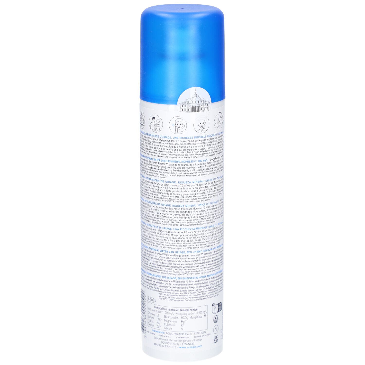 Rückseite der Uriage Eau Thermale Spray-Flasche. Text und Symbole. Blaue Flasche mit blauem Sprühkopf.