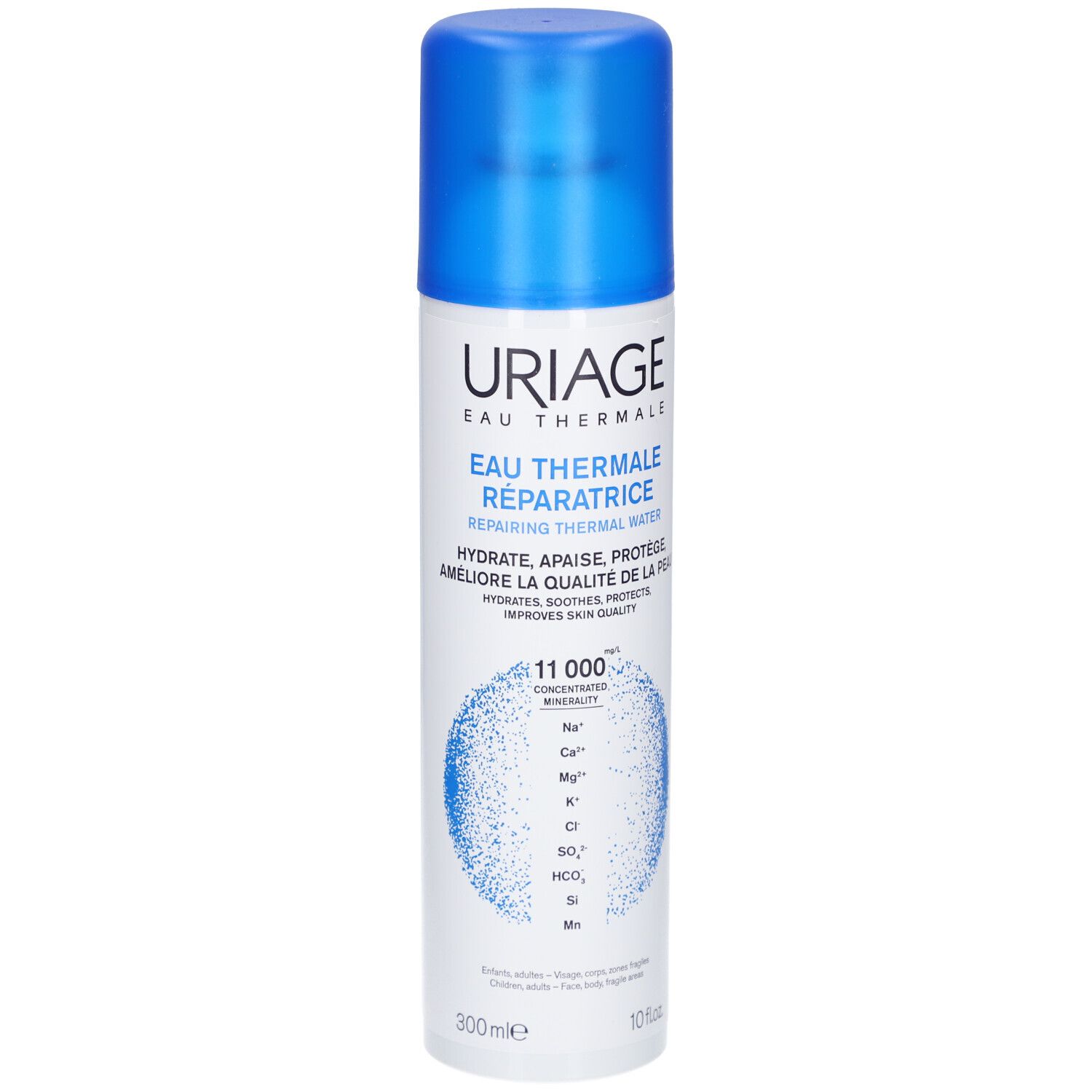 Uriage Eau Thermale Spray. Blaue Flasche mit blauem Sprühkopf. Text: Eau Thermale Réparatrice.