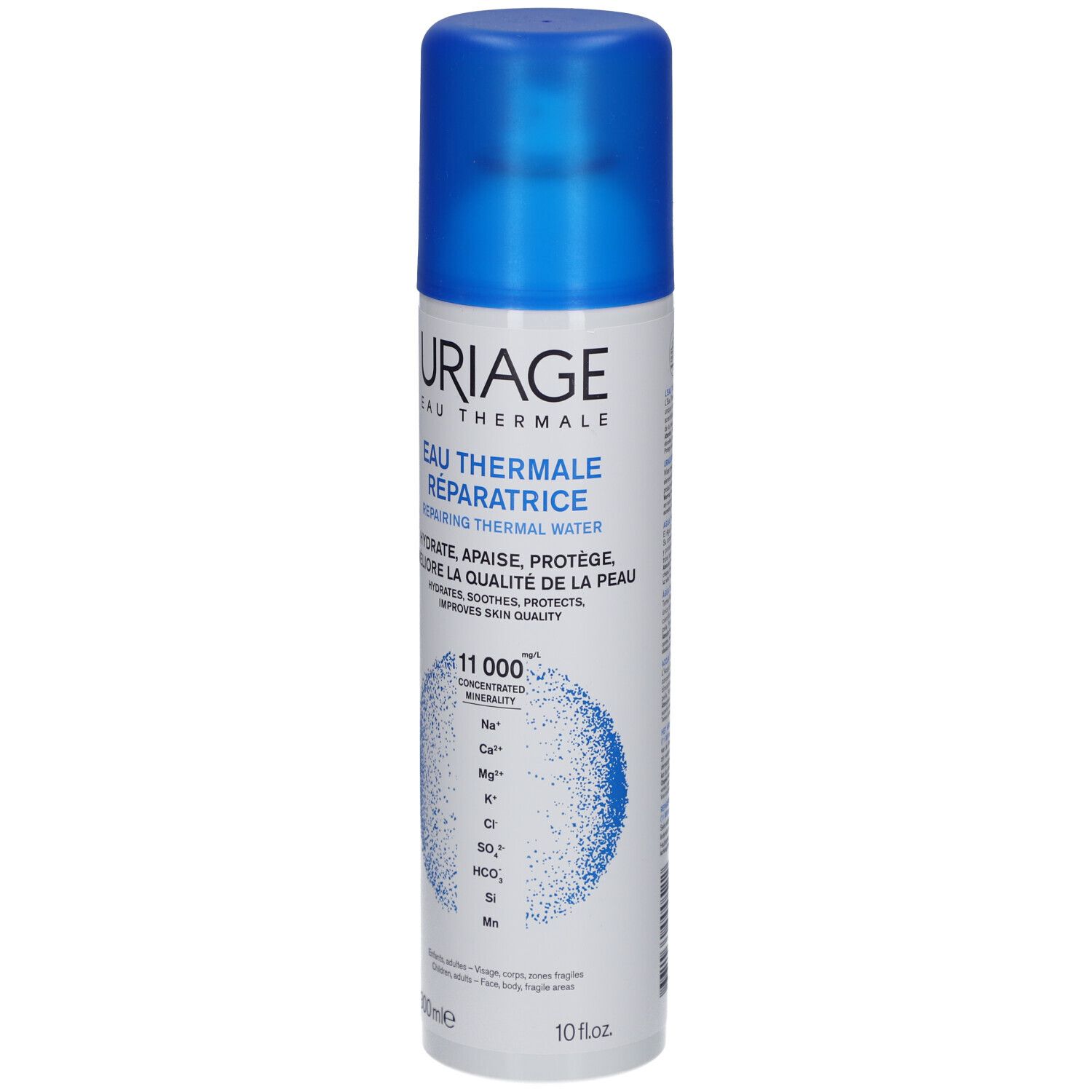 Uriage Eau Thermale Spray. Blaue Flasche mit blauem Sprühkopf. Text: Eau Thermale Réparatrice.