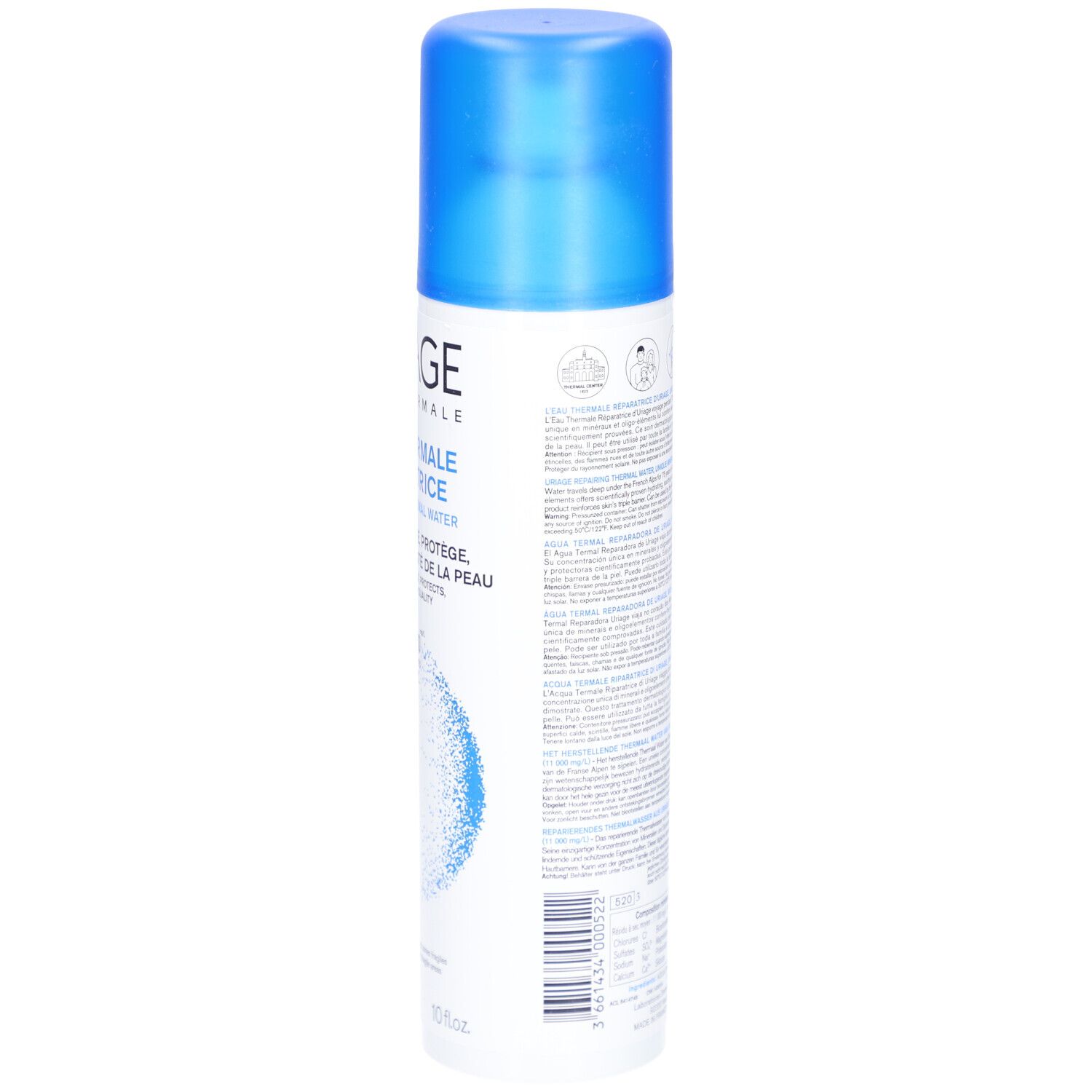Rückseite der Uriage Eau Thermale Spray-Flasche. Text und Symbole. Blaue Flasche mit blauem Sprühkopf.