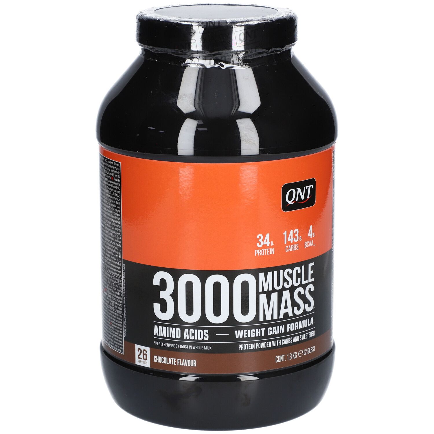 Schwarzer Behälter mit orangefarbenem Etikett, "3000 Muscle Mass" Aufschrift, Schokoladengeschmack.