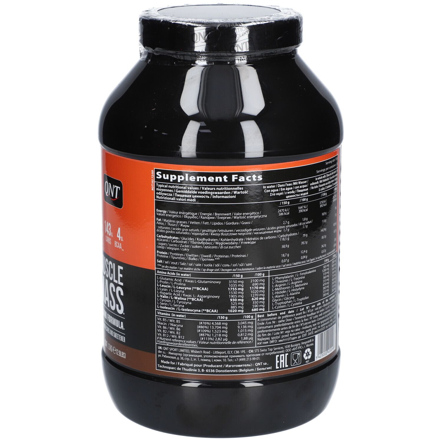Schwarzer Behälter mit orangefarbenem Etikett, "3000 Muscle Mass" Aufschrift, Nährwertangaben und "Supplement" Hinweis.