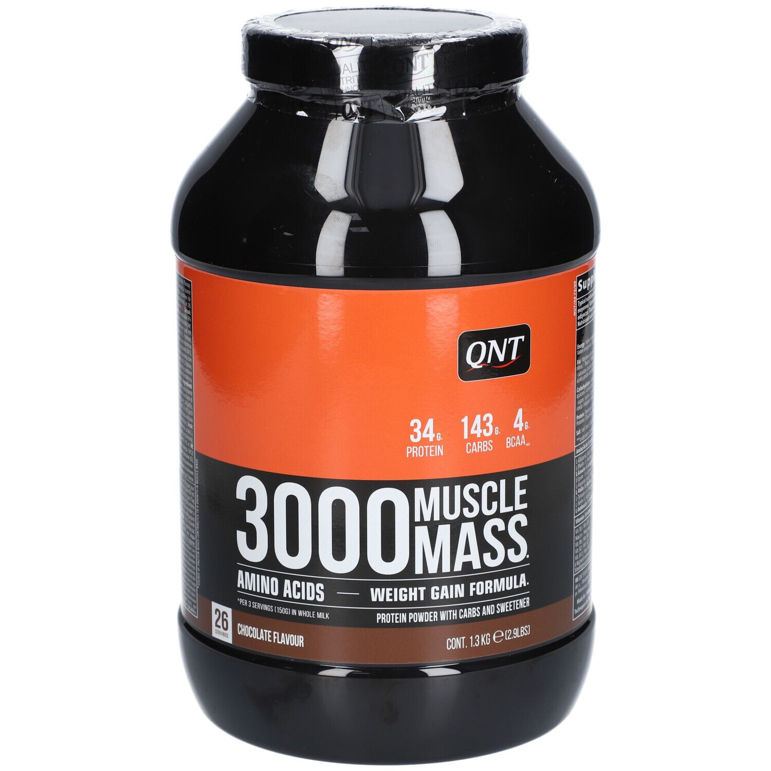 Schwarzer Behälter mit orangefarbenem Etikett, "3000 Muscle Mass" Aufschrift, Schokoladengeschmack.